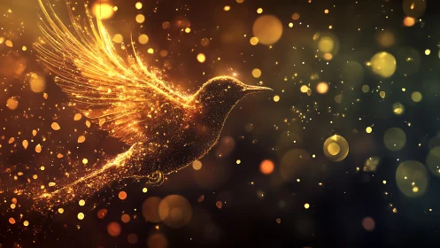 Glittering avian silhouette dissolves into radiant particles