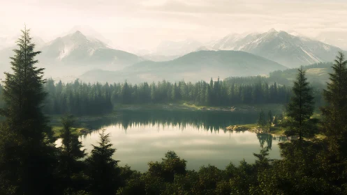 Misty alpine lake mirrored by evergreen forest and peaks.