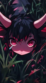 Horned anime child with glowing red eyes hiding in grass.