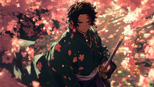 Cherry blossoms surround a calm, determined anime swordsman