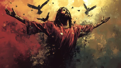 Digital painting of exalted robed figure amid dappled sky drama.