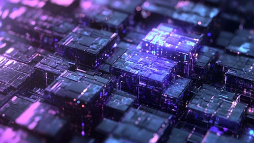 Futuristic Digital Circuit Blocks in Neon Purple Sci-Fi Style.