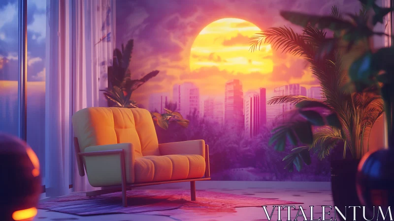 Retro-futuristic lounge interior with neon sunset cityscape