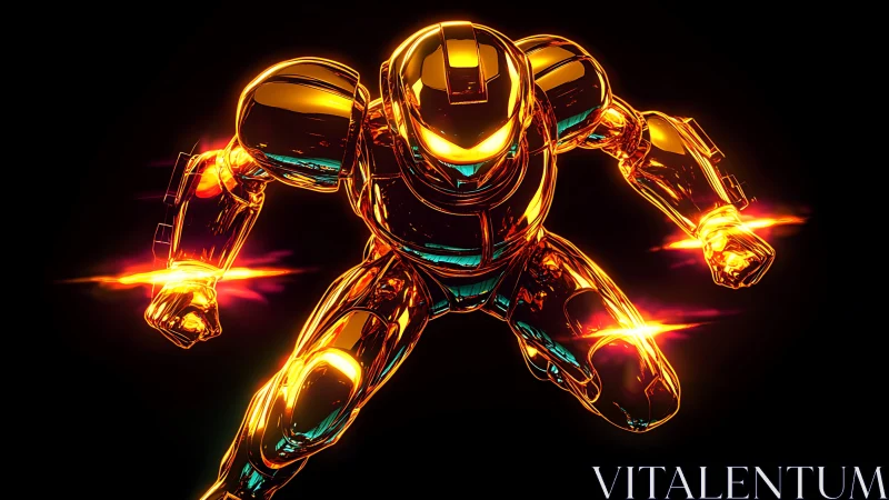 Glowing cyber hero leaping forward in a blaze of light.