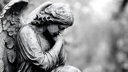 Winged stone guardian pauses in a quiet grayscale prayer