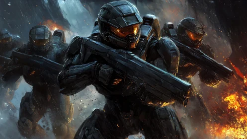 Armored soldiers charging through firelit sci fi battlefield.