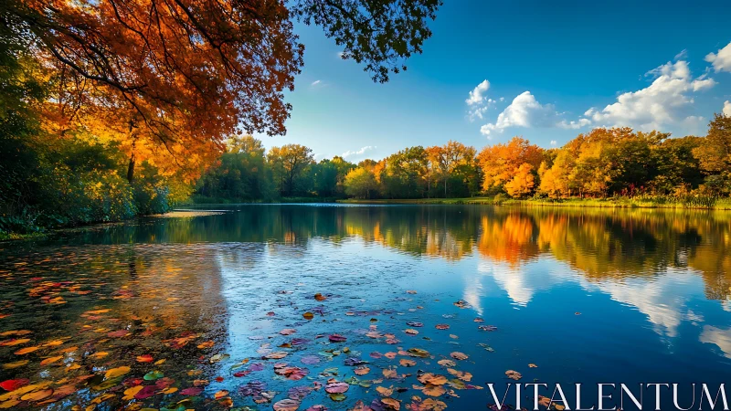 High-saturation autumn lake panorama with reflective foliage