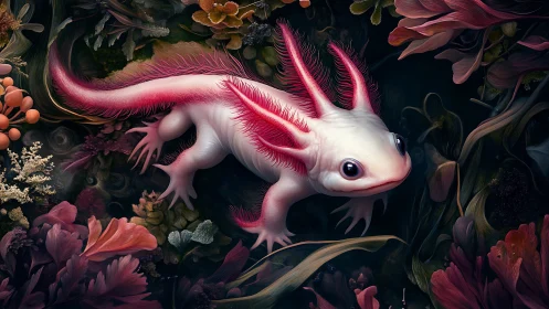 Neotenic axolotl in hyper-detailed aquatic vegetative microcosm.