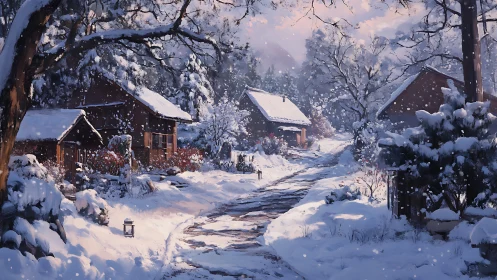 Snow-covered rural cabins along a narrow winter road.