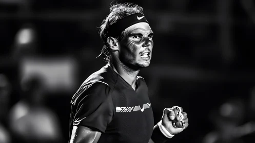 Tennis player’s determined fist pump under stadium lights.
