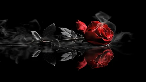 Red Rose on Black Mirror Surface.