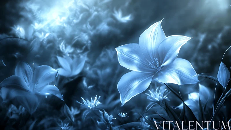 Luminescent Blue Floral Manifestation with Atmospheric Depth.