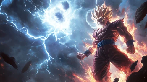 Electrifying anime warrior channeling stormlit power.