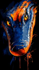 Vivid raptor portrait in blazing orange and deep blue paint.