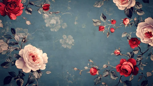 Vintage floral border with red and white roses on blue ground