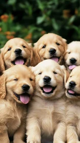 Golden retriever puppies cluster under soft garden light.