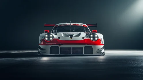 Racing Porsche front view radiates power on dark track.