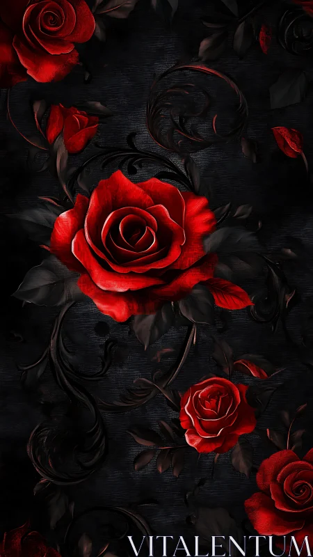 Crimson Roses Dance in Shadow's Embrace.