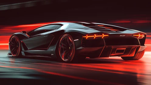 Black Lamborghini supercar on motion-blurred red roadway.