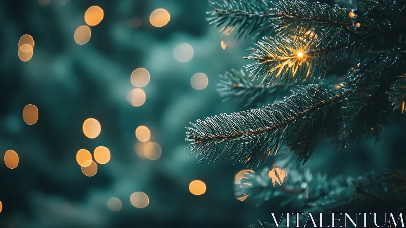 Christmas tree branch glows with warm golden bokeh lights.