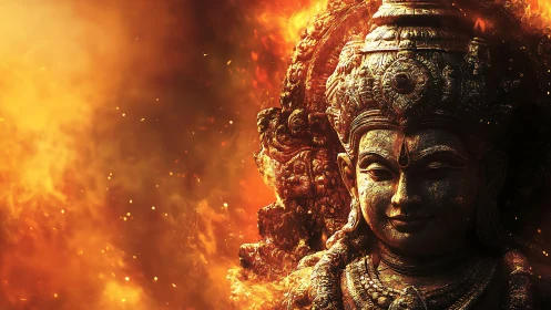 Stone deity sculpture amid dense swirling firelight background.