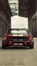 Red classic muscle car stands centered in industrial hangar