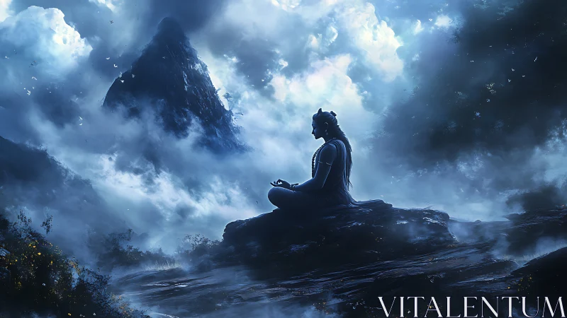 Meditating figure in misty mountain landscape at dusk.