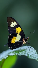 Macro study of black and yellow butterfly on leaf plane.