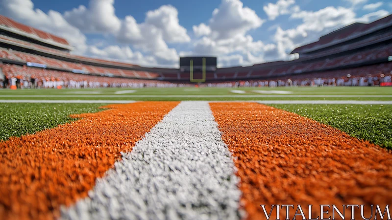 Low-angle depth-of-field view isolates football field yard line