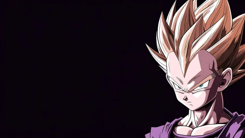 Intense anime warrior portrait on dark empty background.