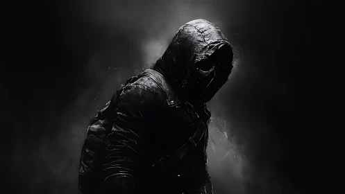 Hooded shadow figure rendered with high-contrast chiaroscuro lighting