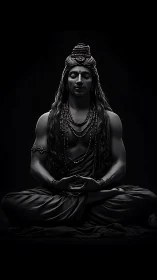 Monochrome meditative deity sculpture in deep shadowed silence.