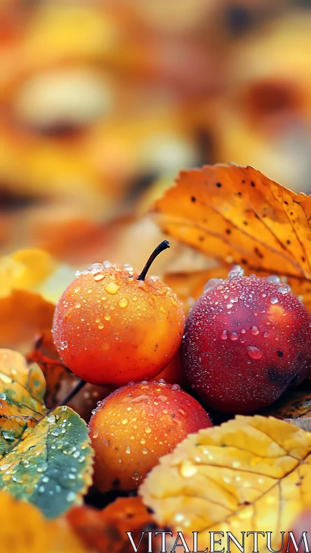 Dew covered small apples among autumn foliage in focus.