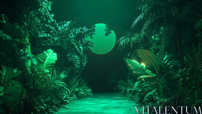Neon Jungle Pathway Under Luminous Moon.