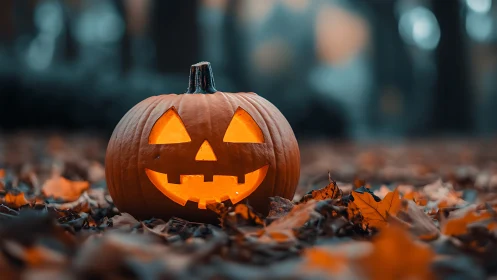 Grinning jack o’lantern beaming over a leaf-littered forest floor.