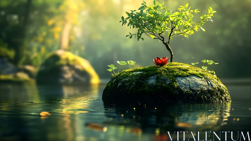 Tiny moss island supports tree and glowing lotus at dusk