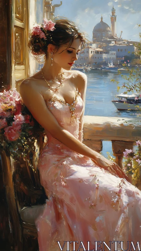 Elegant woman in pink gown dreaming by a sunlit canal.