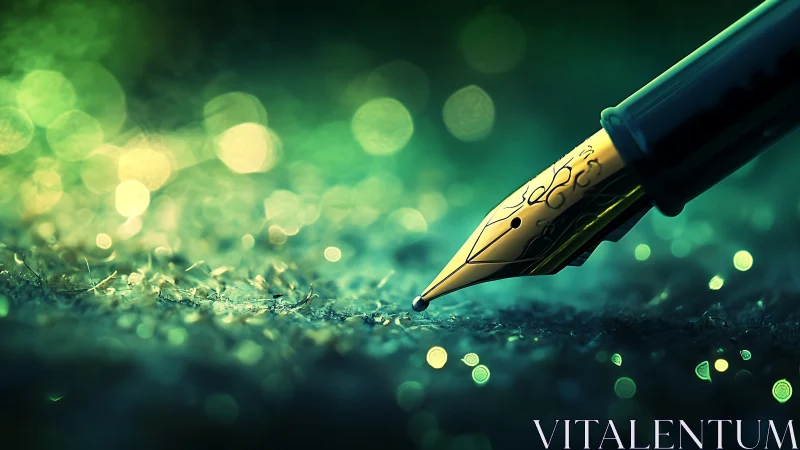 Golden fountain pen tip glows over glittering green surface