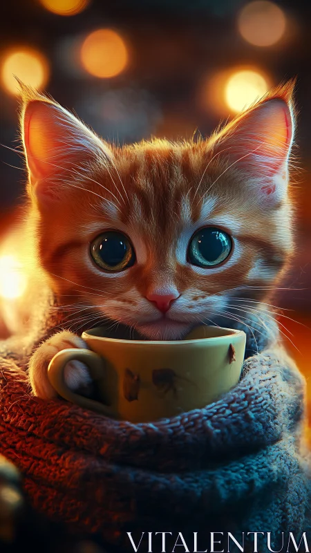 Anthropomorphic Cat Holding Steaming Beverage with Warm Golden Bokeh