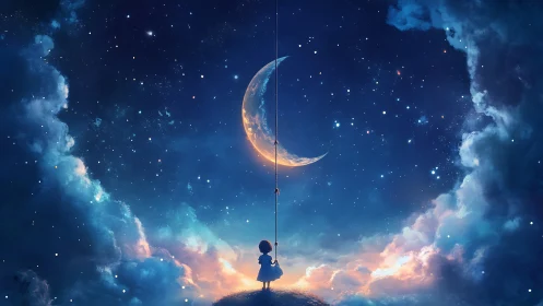 Luminous crescent tethered above stargazing child in nebular sky.