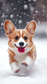 Joyful corgi dashes through fresh winter snow in mid-leap