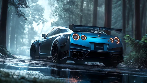 Blue sports coupe on wet forest road in diffuse light.