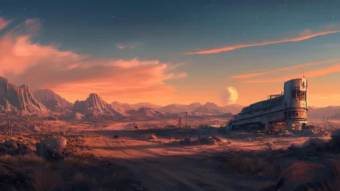 Desert exoplanet outpost under warm dusk skies panorama.