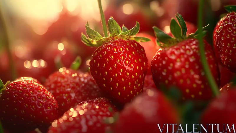 Macro close-up of sunlit ripe strawberries with shallow depth of field
