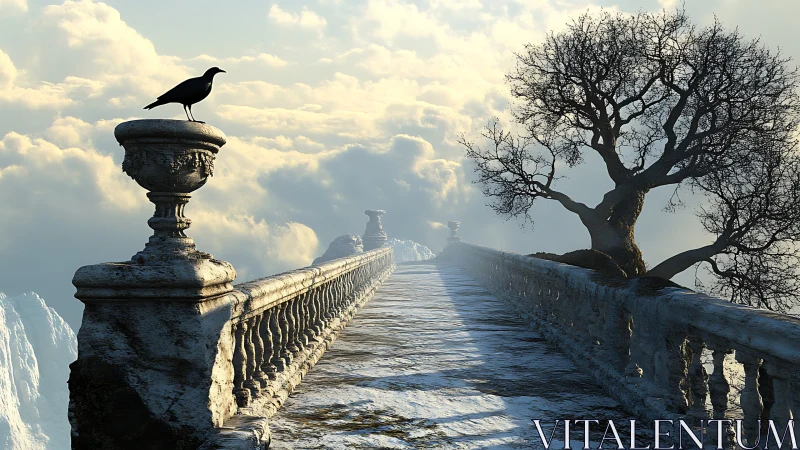 Aerial stone causeway with corvid sentinel above clouds.