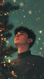 Digital portrait beneath illuminated winter fir branches.