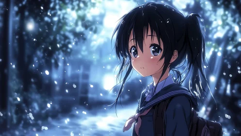 Twilight snowflakes pause beside a wide eyed schoolgirl dream