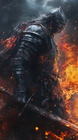 Ashen knight strides through wildfire, armor drinking embers