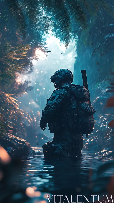 Tactical soldier wading through rain-soaked bioluminescent jungle