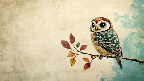 Whimsical owl illustration perched on branch with vintage watercolor style.